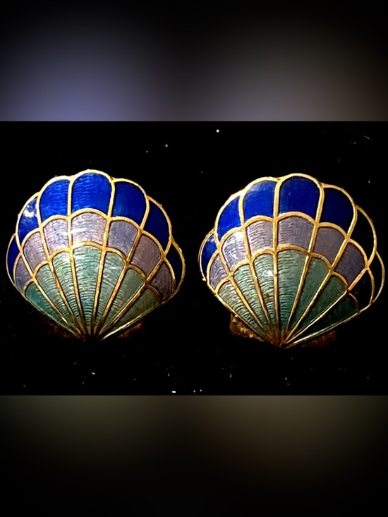 Jewelry - Gold-Tone Blue Green Cloisonnée Shell Enamel Pierced Earrings